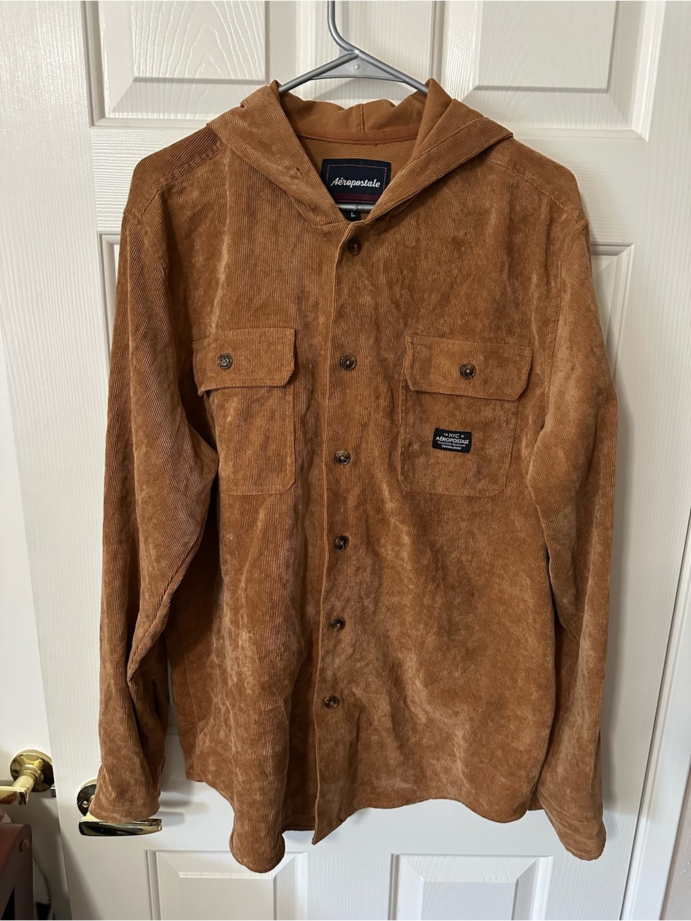 Aeropostale Men's Chest-Pocket Hooded Suede Shirt Jacket in Brown Large